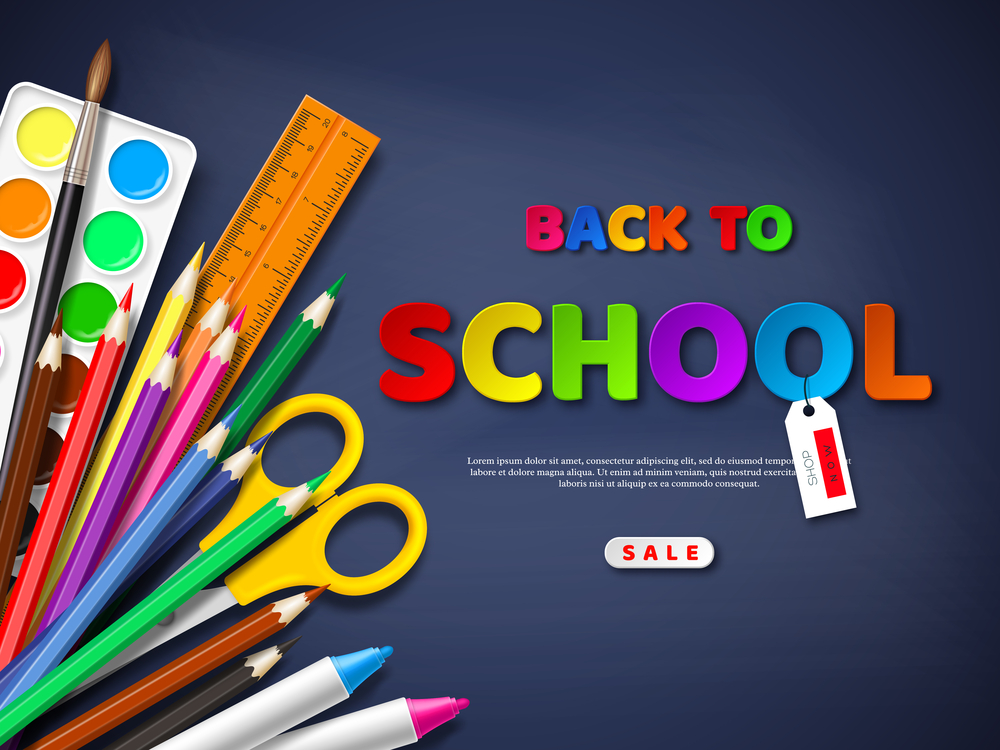 Back-to-school sales poster with realistic school supplies. Paper cut style letters on blackboard background. Vector illustration.