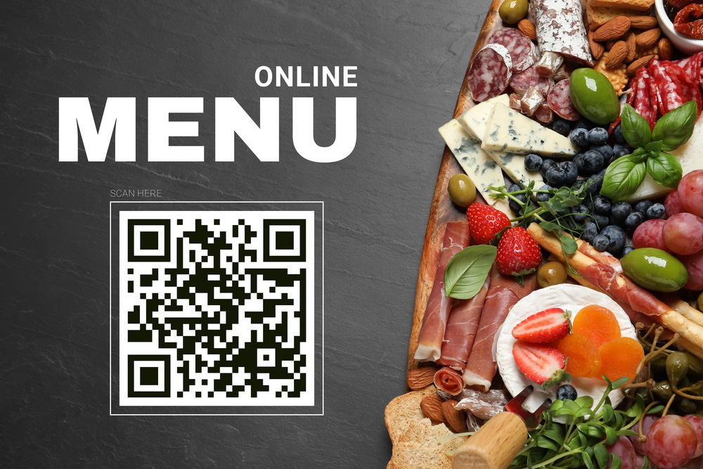 Scan-QR-code-for-contactless-menu.-Set-of-different-delicious-appetizers-on-black-table.