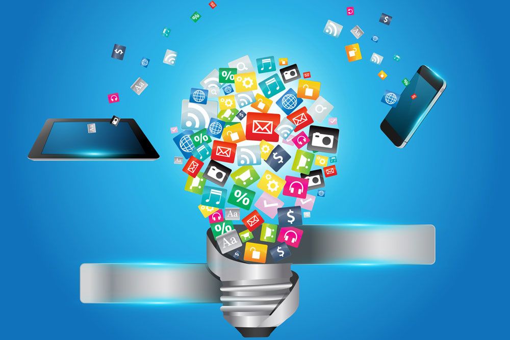 Optimize Your Business - light bulb made of social icons on blue background