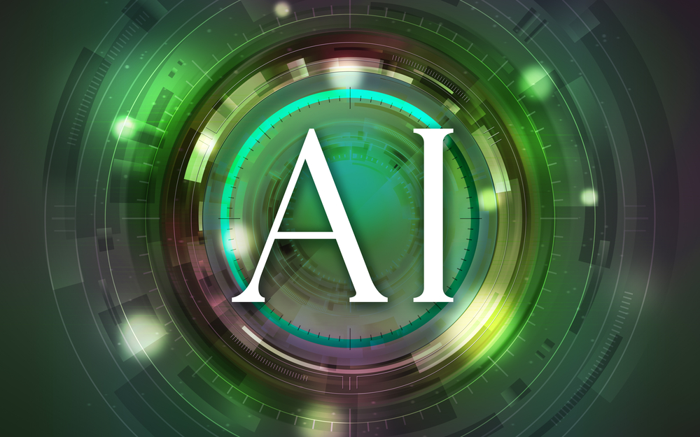 AI Blog Generation represented with large white letters of AI overlaid on green circular pattern with lights