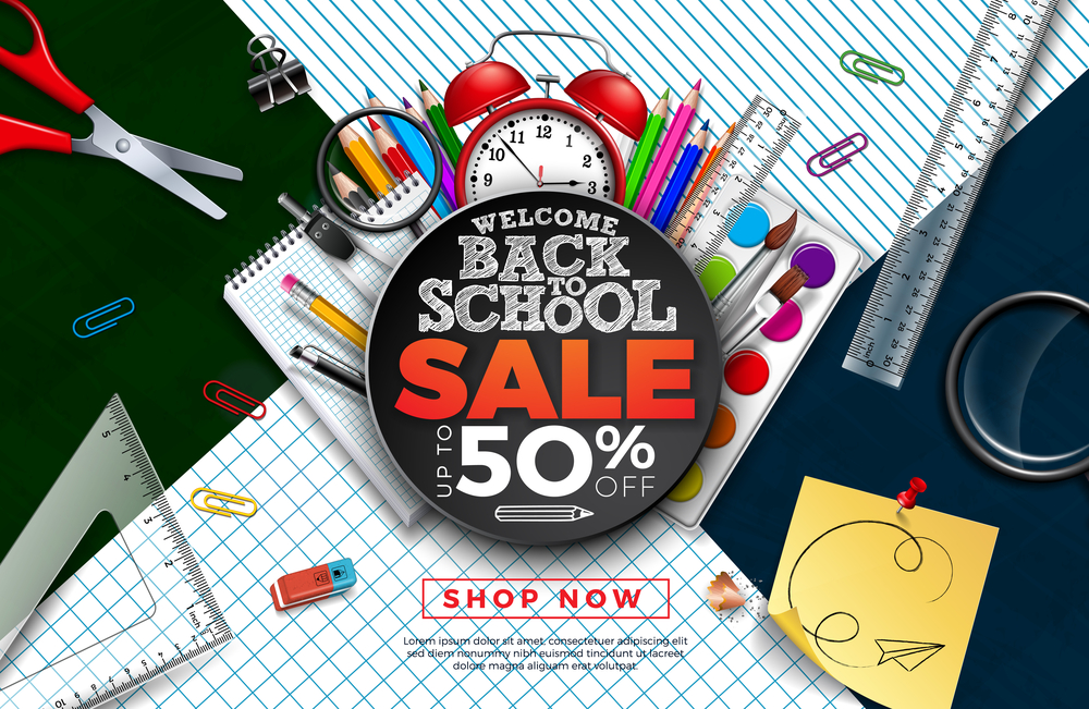 Marketing concept for Back to School Sale Design with Alarm Clock, Colorful Pencil, Brush and other Learning Items on Square Grid and