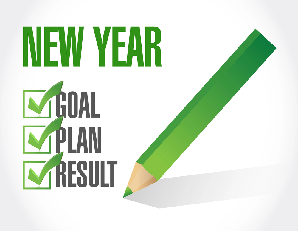 Big green text New Year on white background with checkboxes for Goal plan and result representing smart marketing