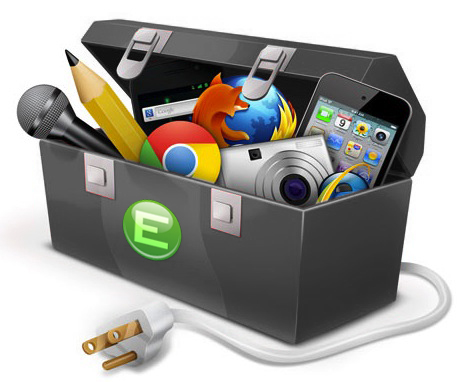a graphic with a toolbox full of office supplies representing free tools to boost your business marketing
